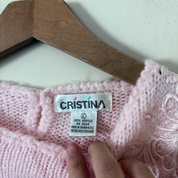 VTG 80s Cristina beaded floral Floral Cream Grandmacore Crewneck Chunky Knit Swe - Picture 5 of 8